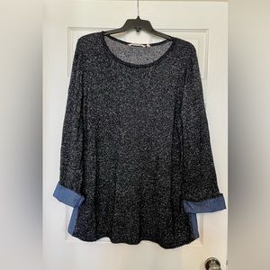Women’s Soft Surroundings Black Sweater with Chambray Cuffs and Sides, Size 2X
